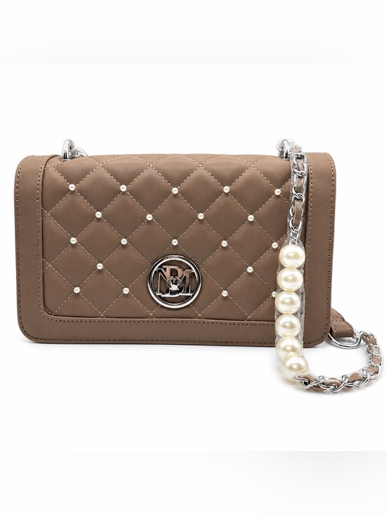 Badgley Mischka Handbags - Badgley Mischka Quilted Taupe Shoulder Bag with Pearl-Accented Chain